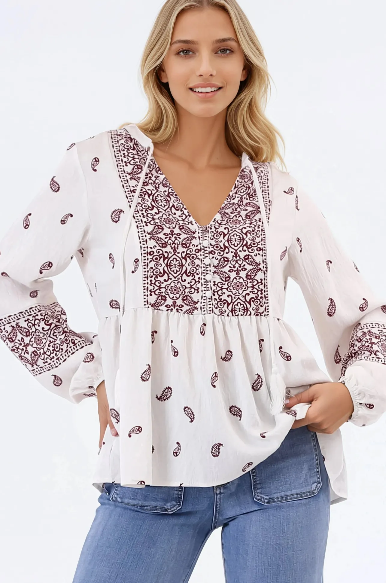 Carys Blouse - V-Neck Buttoned Bodice Pull Over Top in Wright Print Wine>Salty Crush Online