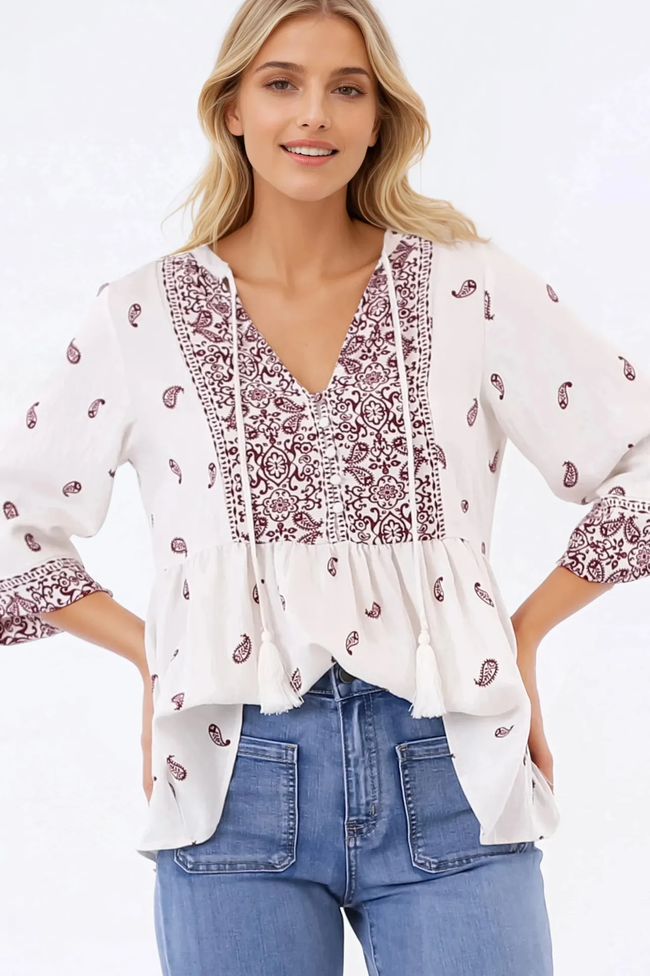 Carys Blouse - V-Neck Buttoned Bodice Pull Over Top in Wright Print Wine>Salty Crush Online