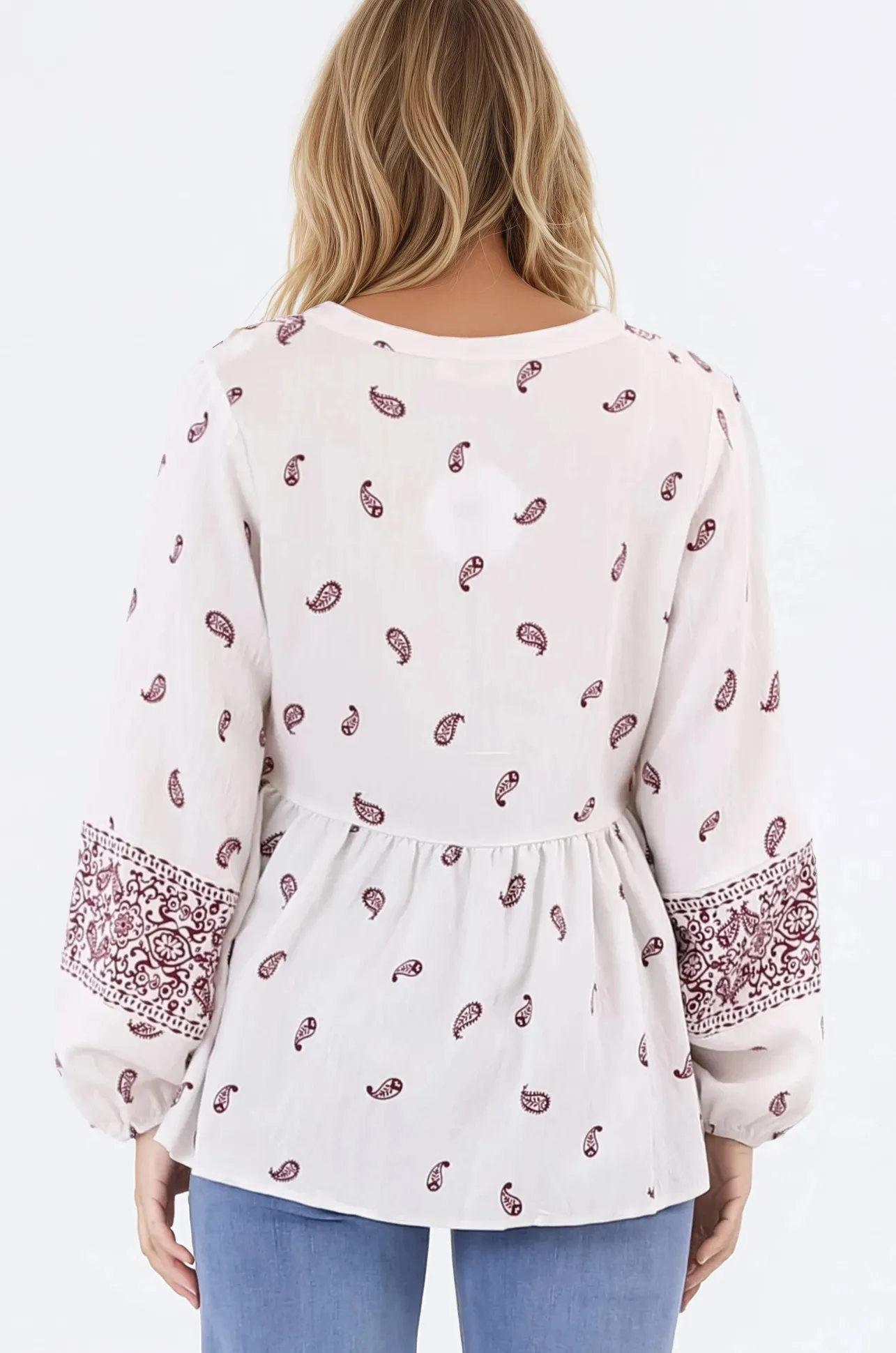 Carys Blouse - V-Neck Buttoned Bodice Pull Over Top in Wright Print Wine>Salty Crush Online