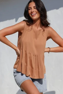 Cassidy Top - Crew Neck Sleeveless Swing Top with Pleats in Rust><noscript><img width=