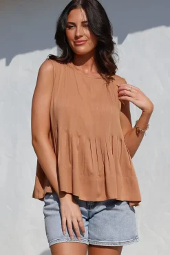 Cassidy Top - Crew Neck Sleeveless Swing Top with Pleats in Rust><noscript><img width=