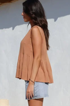Cassidy Top - Crew Neck Sleeveless Swing Top with Pleats in Rust><noscript><img width=