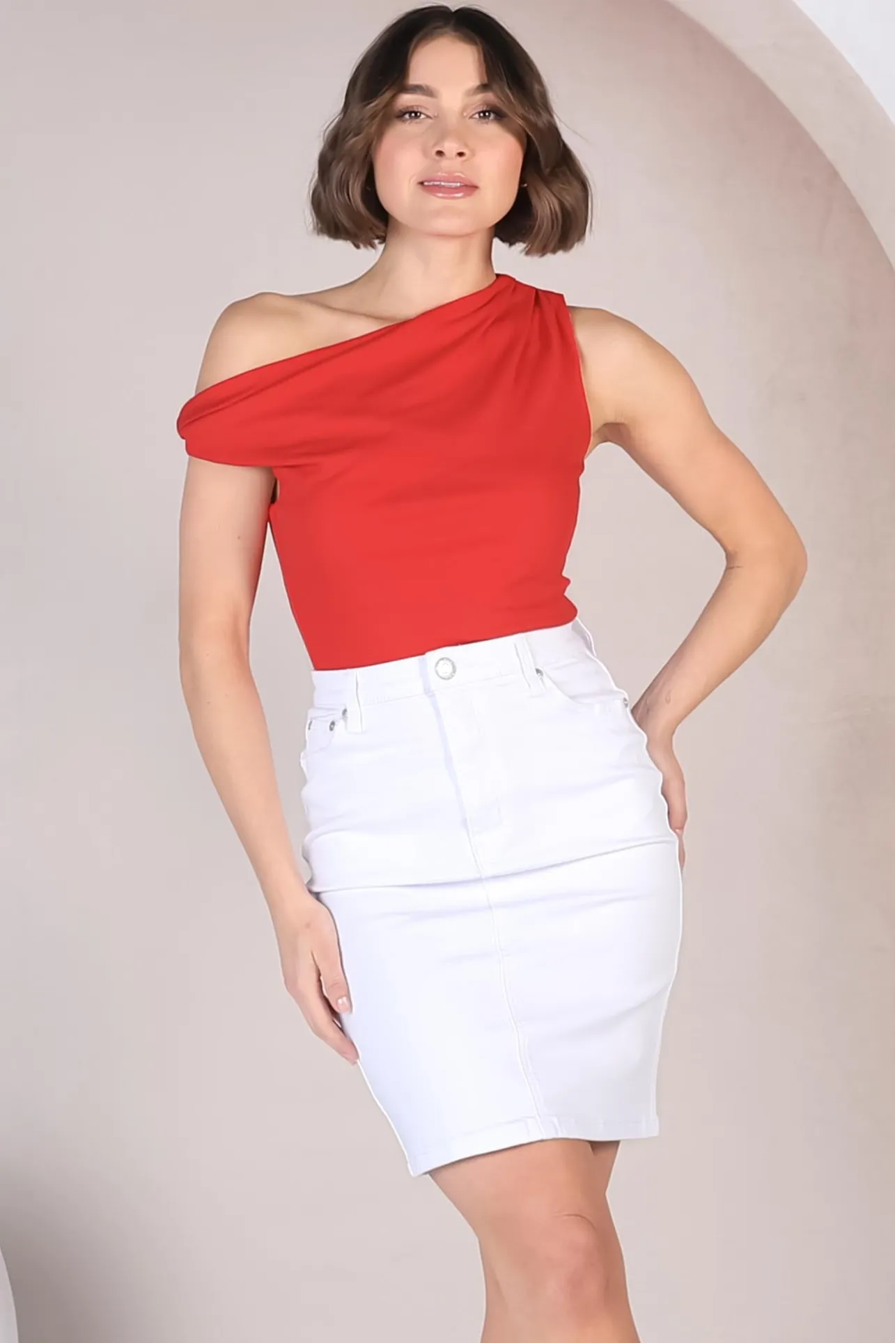 Cassie Top - Aysmmetric Neckline One Shoulder Knit Top in Red>Salty Crush Clearance