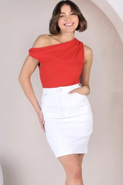 Cassie Top - Aysmmetric Neckline One Shoulder Knit Top in Red><noscript><img width=