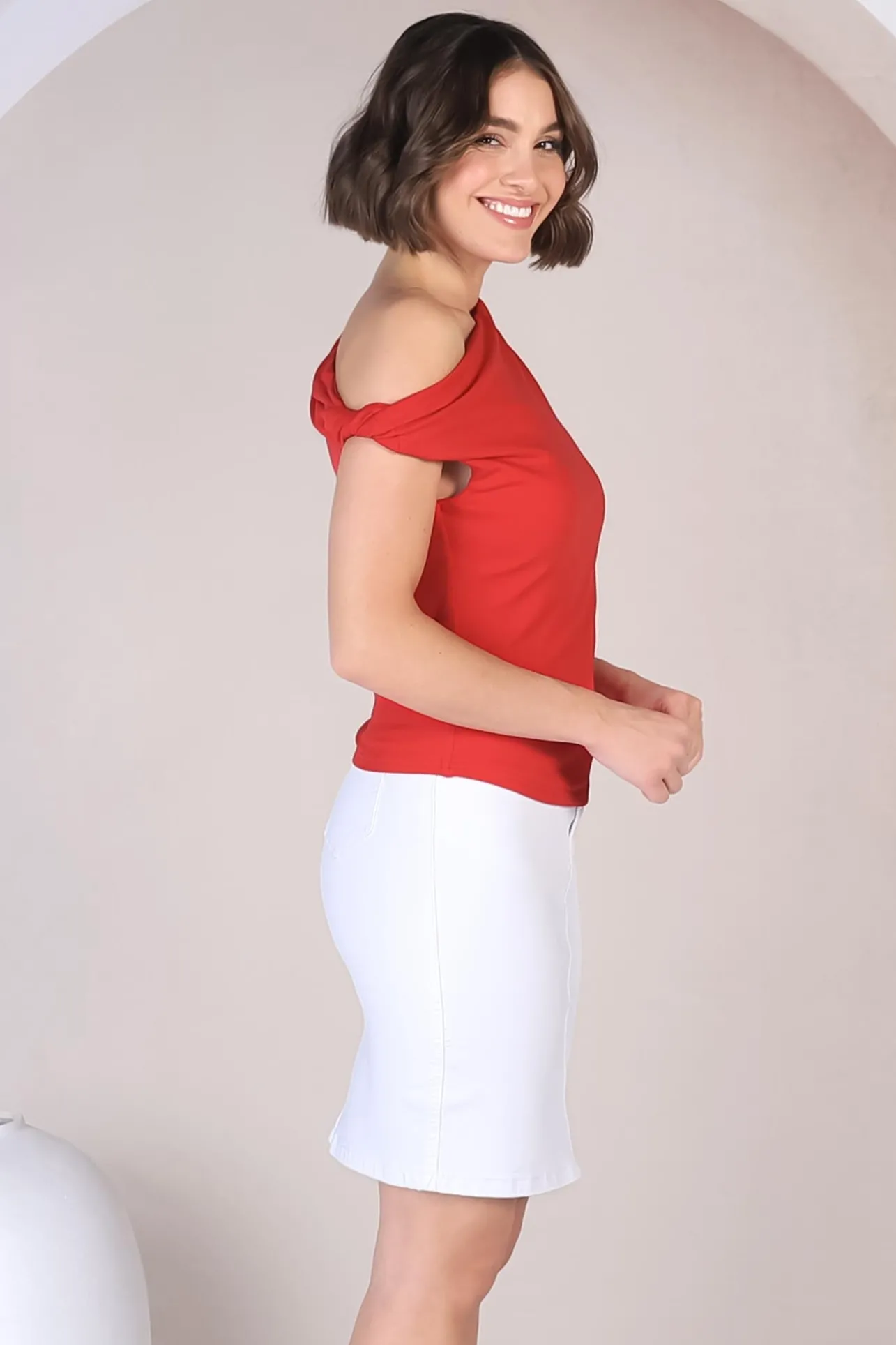 Cassie Top - Aysmmetric Neckline One Shoulder Knit Top in Red>Salty Crush Clearance