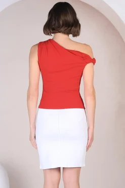 Cassie Top - Aysmmetric Neckline One Shoulder Knit Top in Red><noscript><img width=