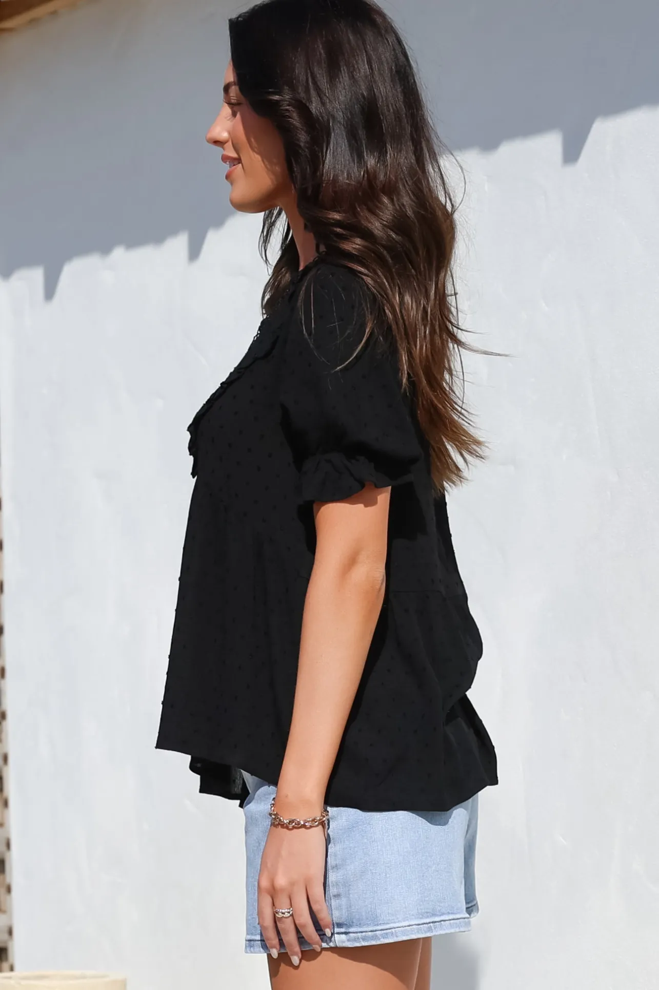 Catha Top - Frill Neckline Empire Bustline Top with Short Balloon Sleeves in Black>Salty Crush New