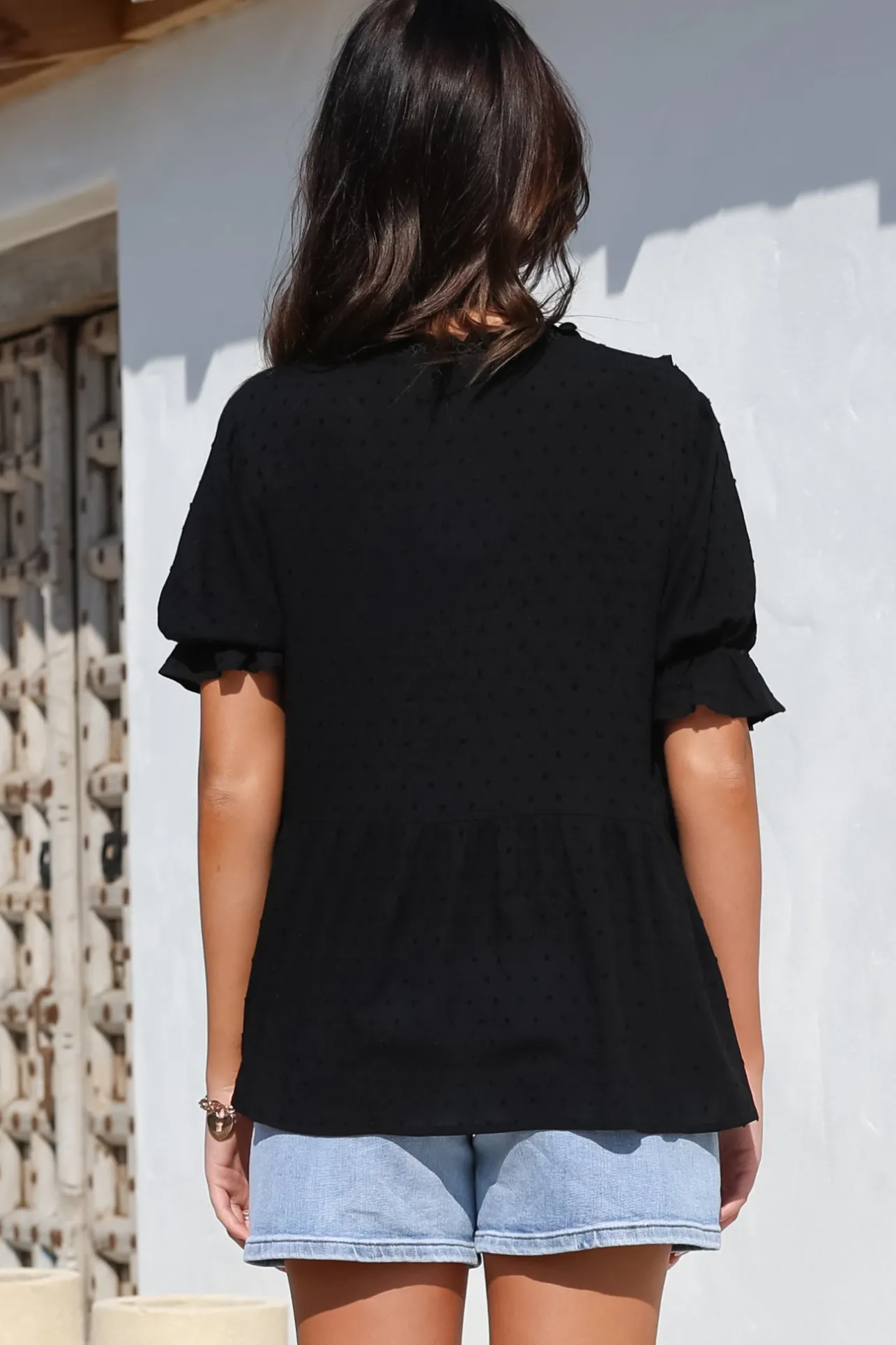 Catha Top - Frill Neckline Empire Bustline Top with Short Balloon Sleeves in Black>Salty Crush New