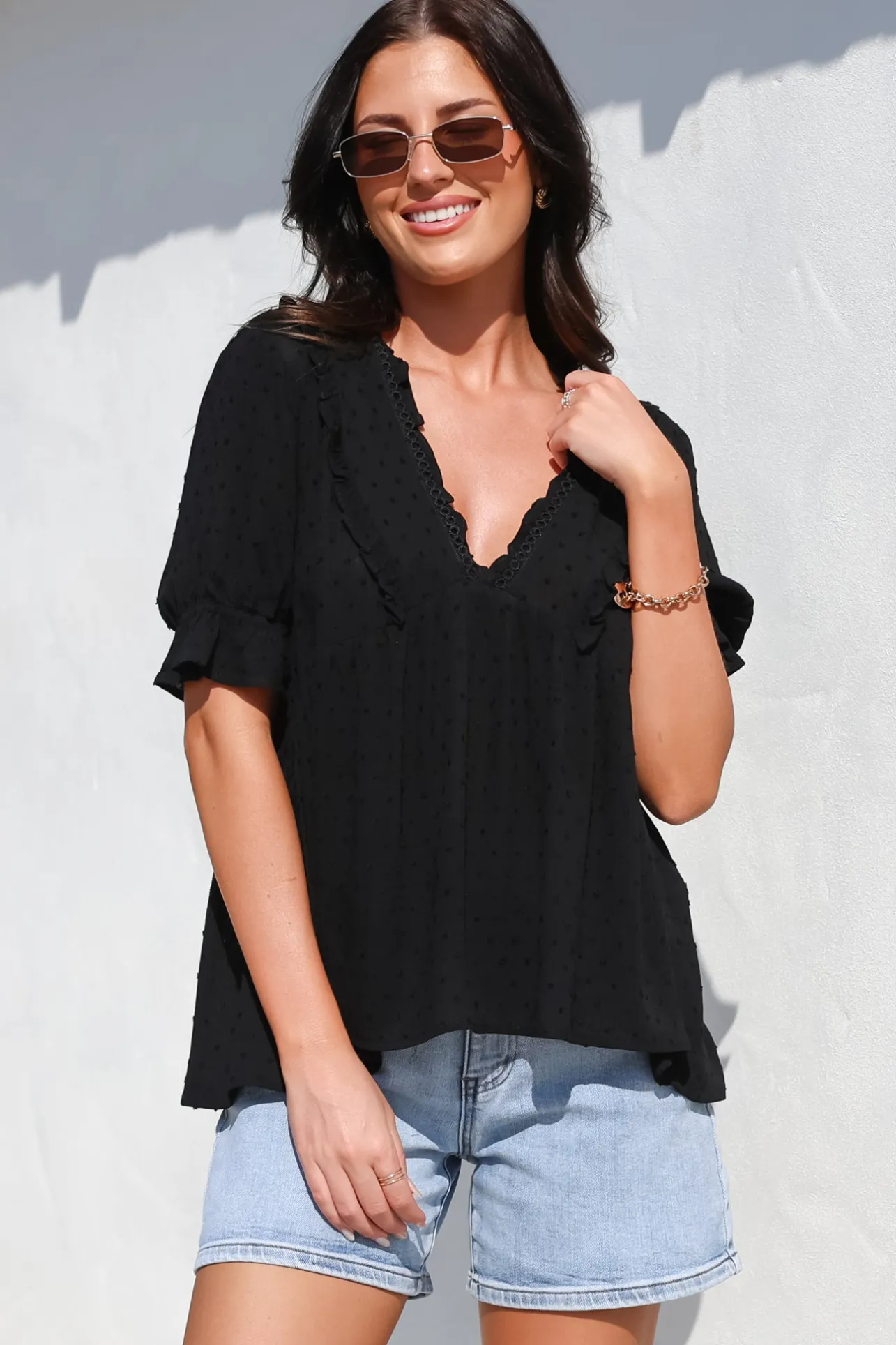 Catha Top - Frill Neckline Empire Bustline Top with Short Balloon Sleeves in Black>Salty Crush New