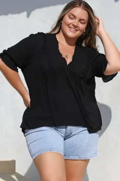 Catha Top - Frill Neckline Empire Bustline Top with Short Balloon Sleeves in Black><noscript><img width=