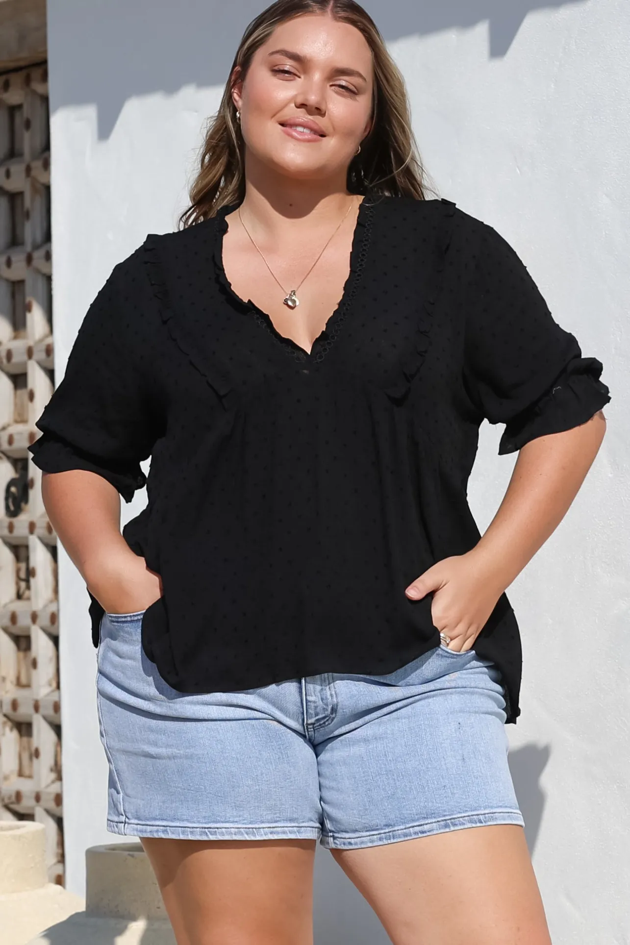Catha Top - Frill Neckline Empire Bustline Top with Short Balloon Sleeves in Black>Salty Crush New