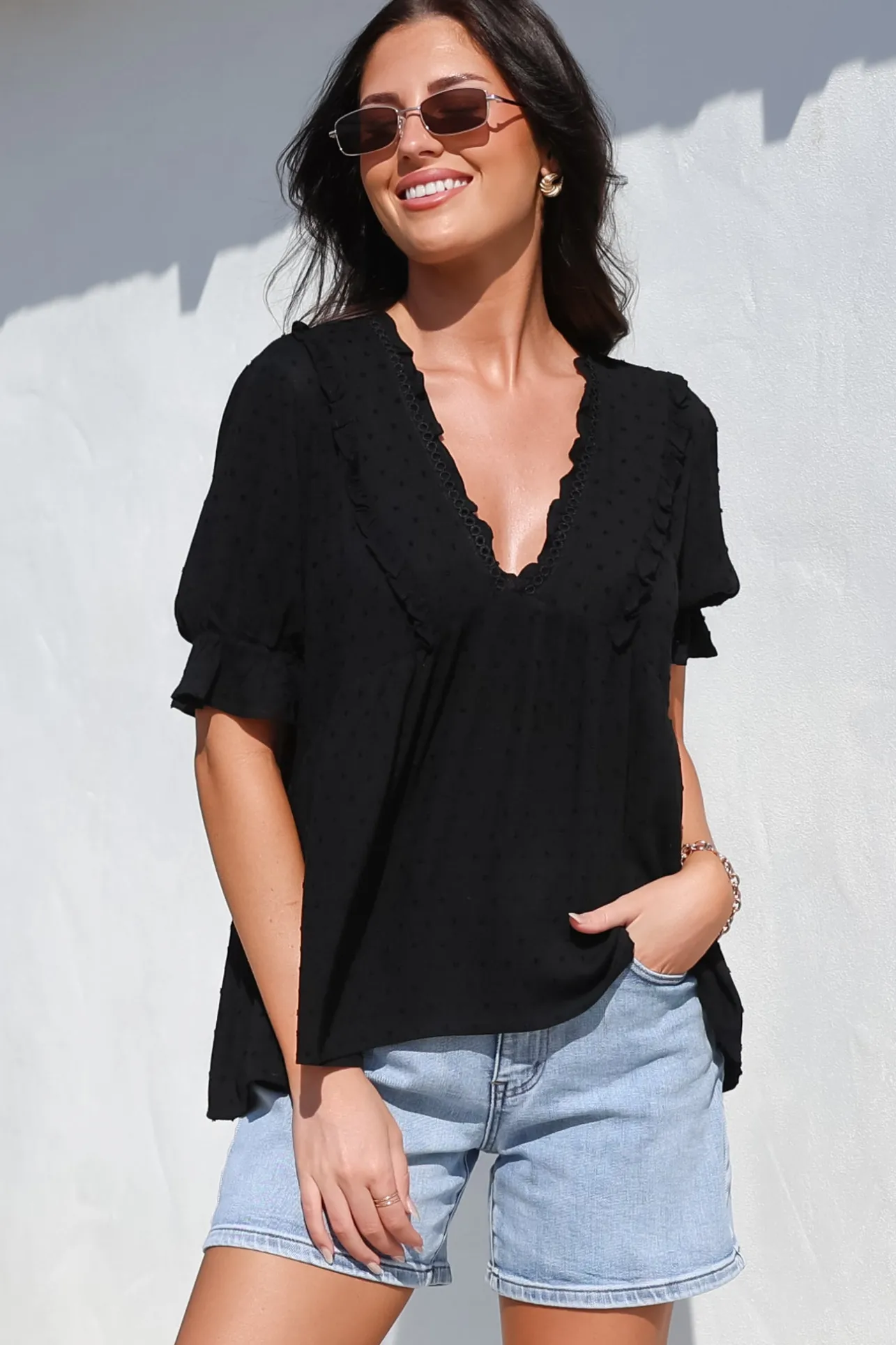Catha Top - Frill Neckline Empire Bustline Top with Short Balloon Sleeves in Black>Salty Crush New