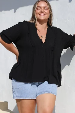 Catha Top - Frill Neckline Empire Bustline Top with Short Balloon Sleeves in Black><noscript><img width=