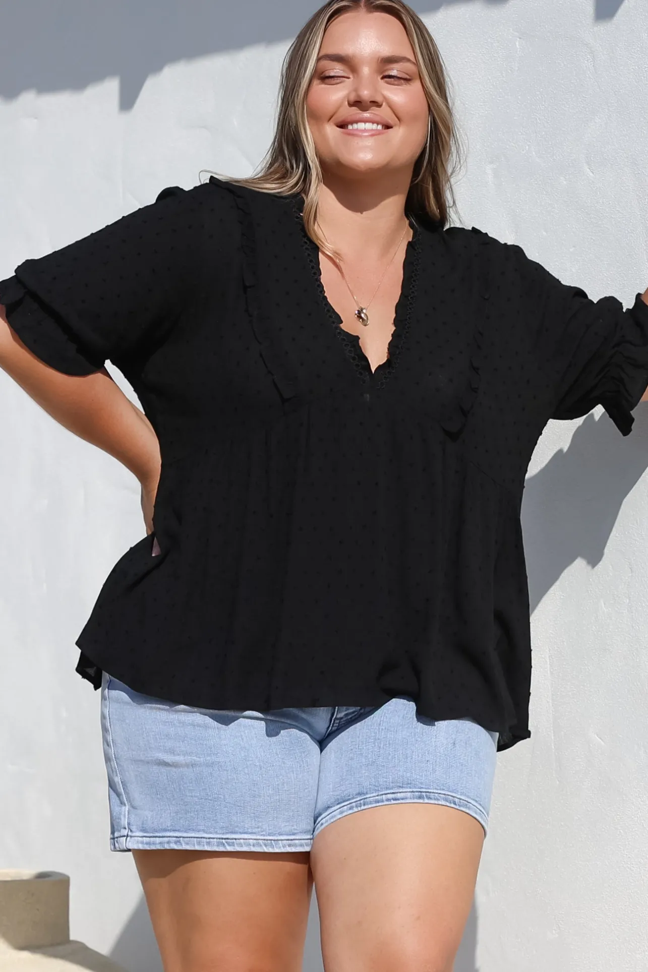 Catha Top - Frill Neckline Empire Bustline Top with Short Balloon Sleeves in Black>Salty Crush New