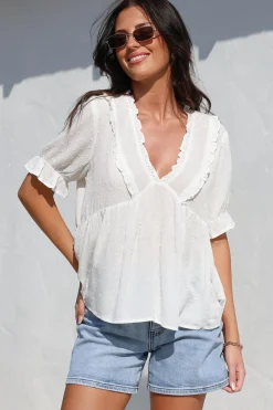 Catha Top - Frill Neckline Empire Bustline Top with Short Balloon Sleeves in White>Salty Crush Sale
