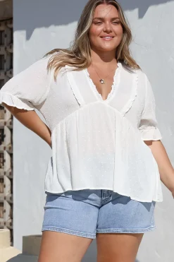 Catha Top - Frill Neckline Empire Bustline Top with Short Balloon Sleeves in White>Salty Crush Sale