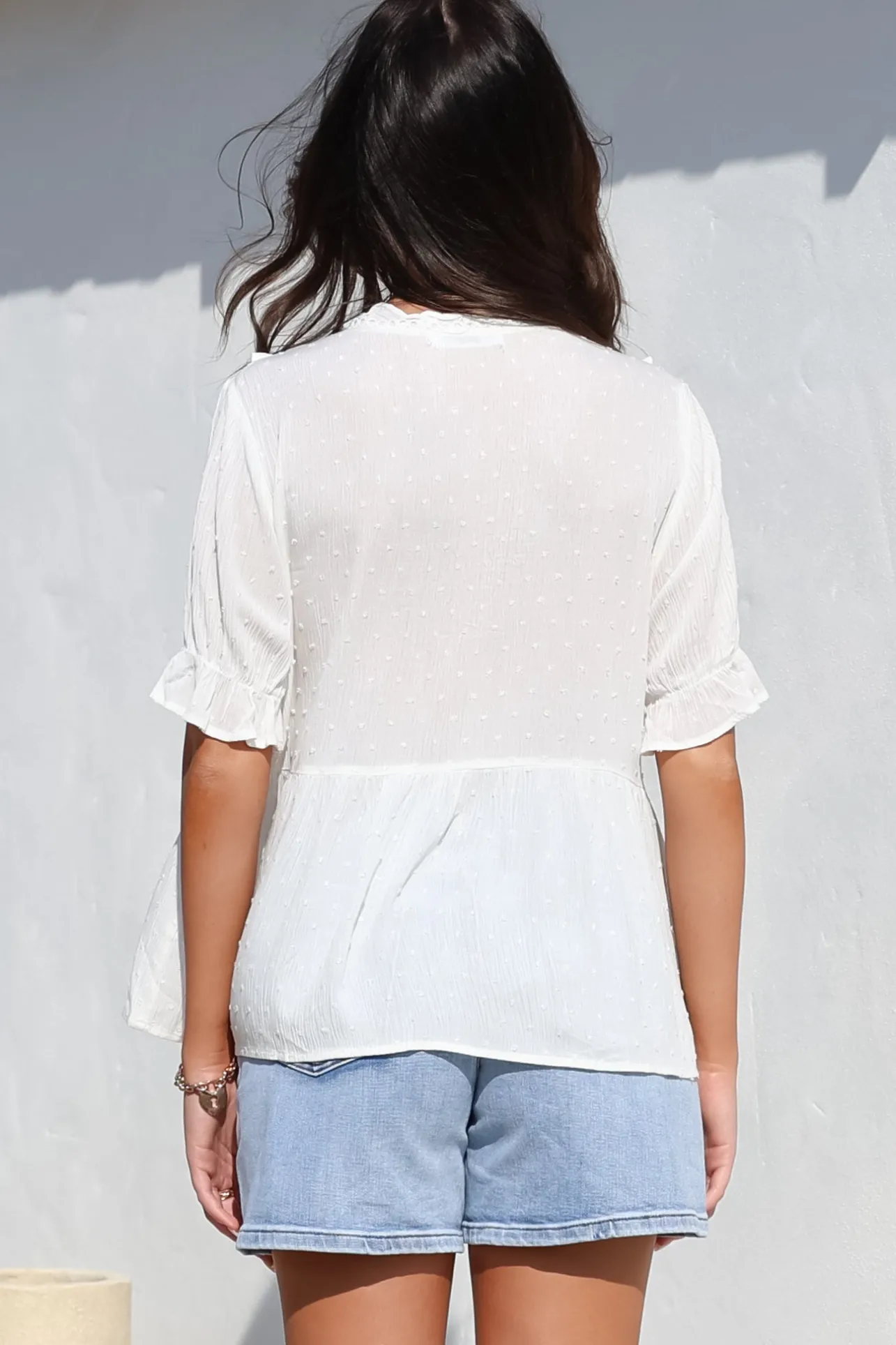 Catha Top - Frill Neckline Empire Bustline Top with Short Balloon Sleeves in White>Salty Crush Sale