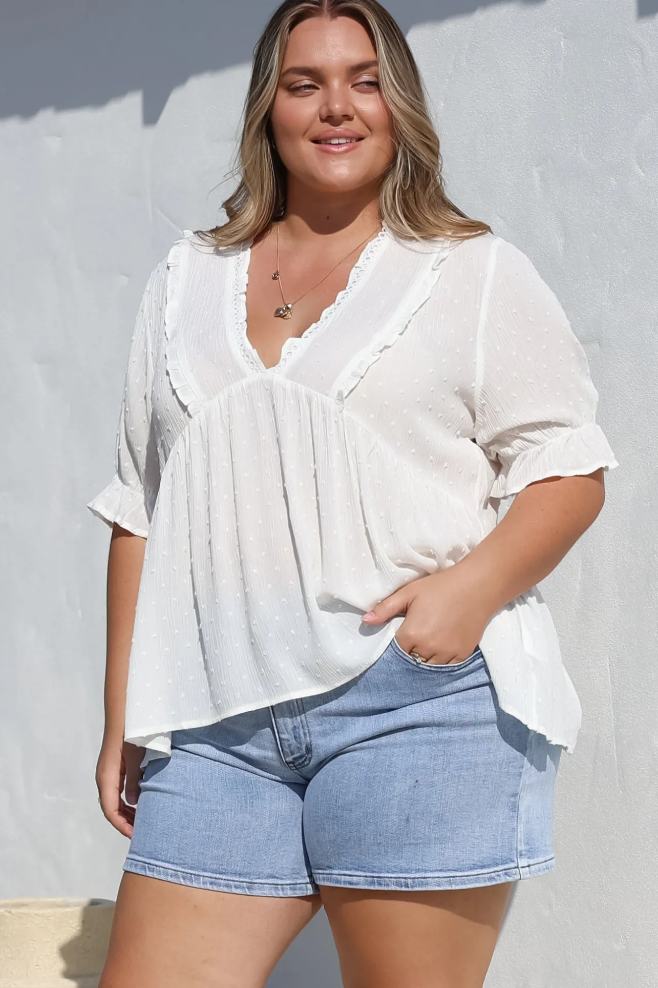 Catha Top - Frill Neckline Empire Bustline Top with Short Balloon Sleeves in White>Salty Crush Sale