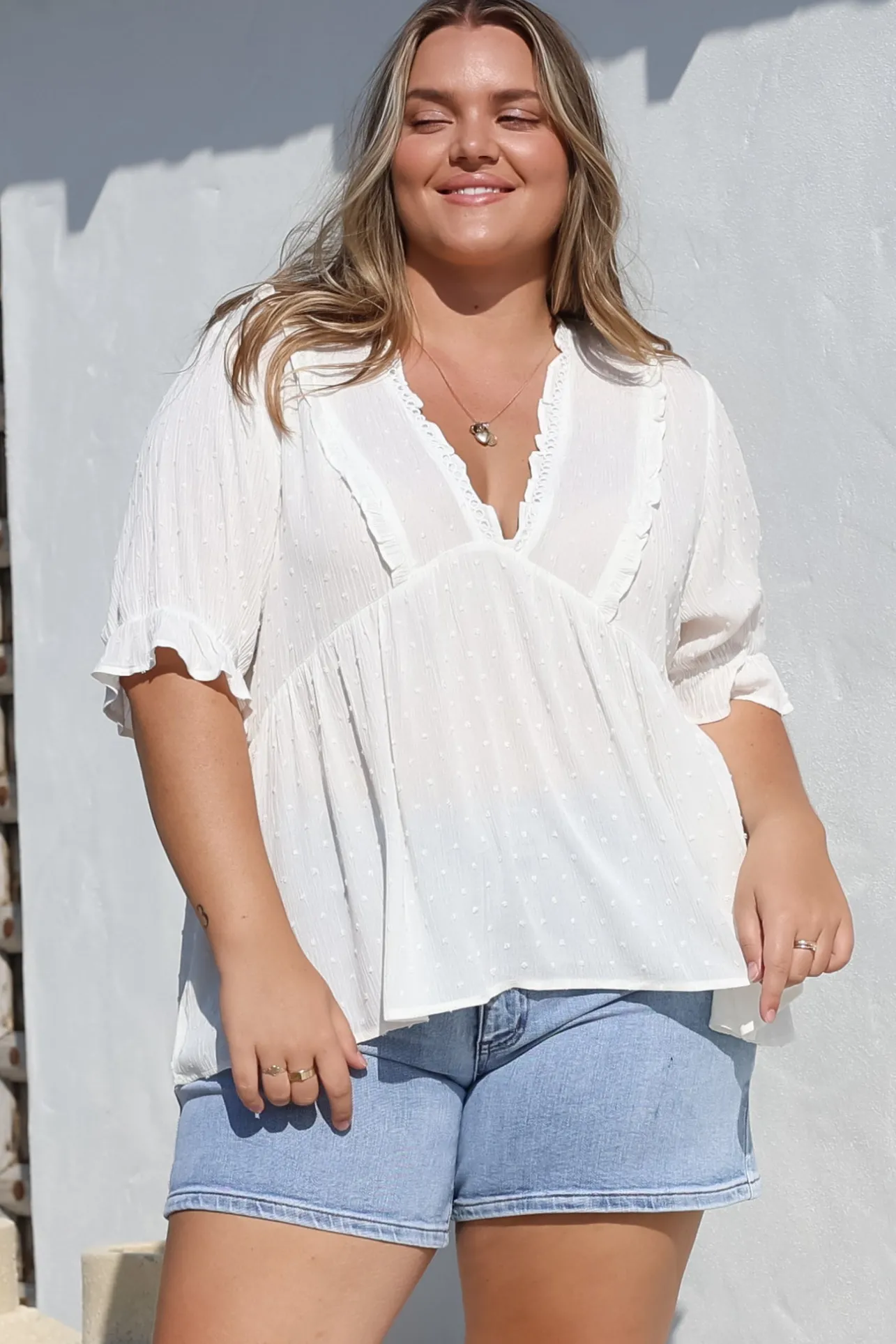 Catha Top - Frill Neckline Empire Bustline Top with Short Balloon Sleeves in White>Salty Crush Sale