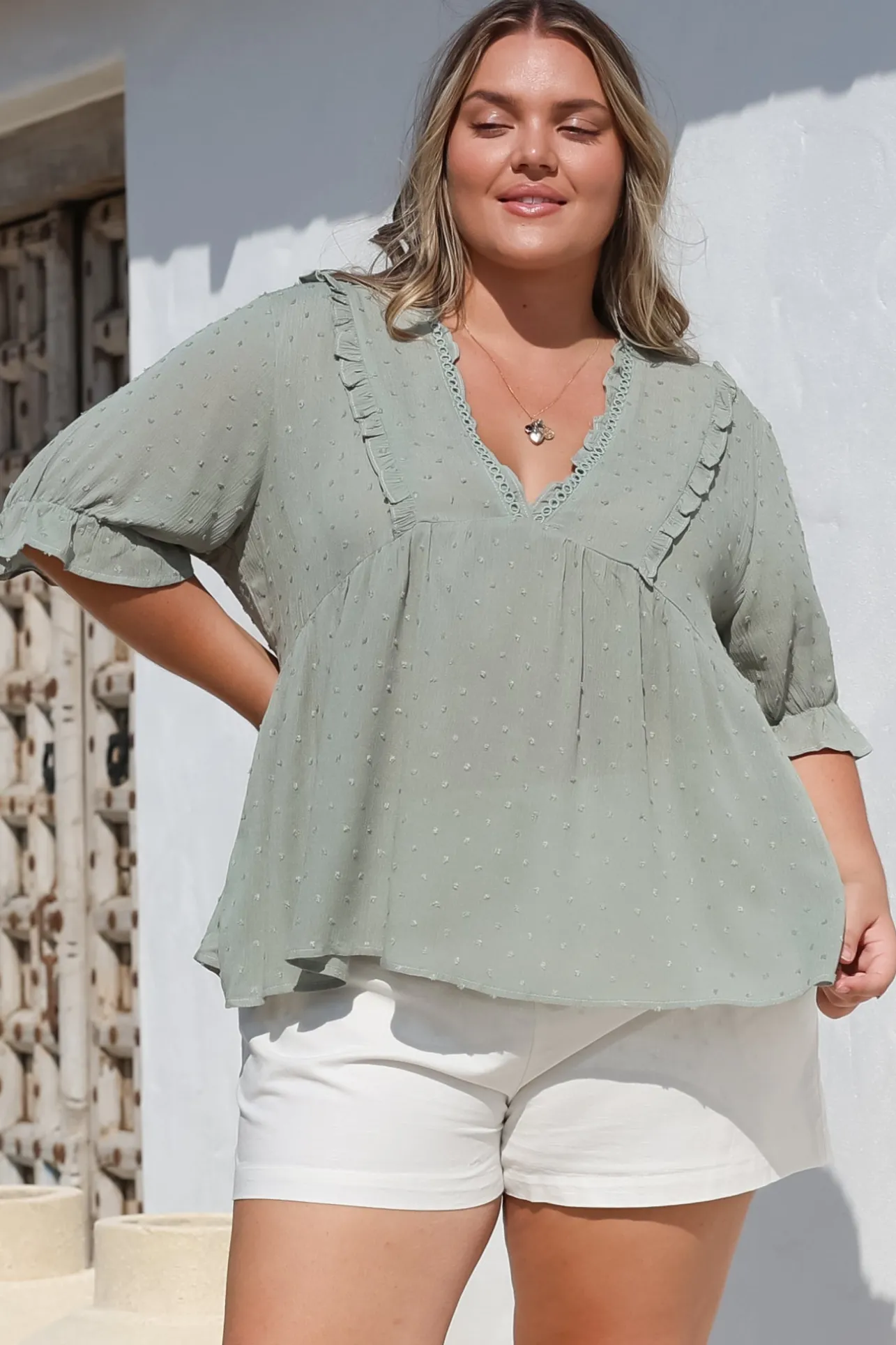 Catha Top - Frill Neckline Empire Bustline Top with Short Balloon Sleeves in Sage>Salty Crush Sale