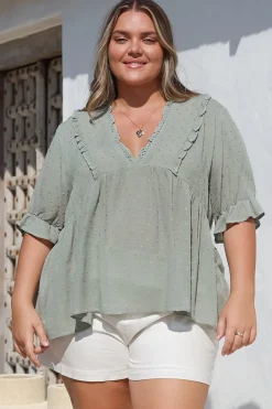 Catha Top - Frill Neckline Empire Bustline Top with Short Balloon Sleeves in Sage><noscript><img width=