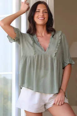 Catha Top - Frill Neckline Empire Bustline Top with Short Balloon Sleeves in Sage><noscript><img width=