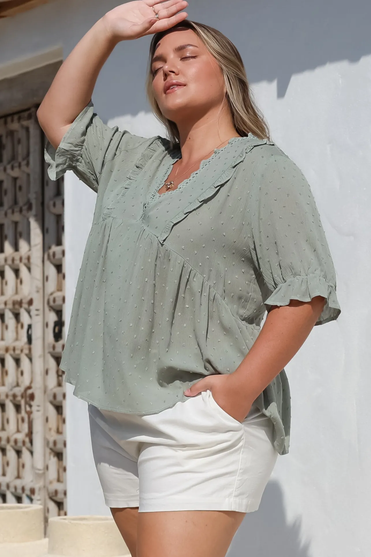 Catha Top - Frill Neckline Empire Bustline Top with Short Balloon Sleeves in Sage>Salty Crush Sale