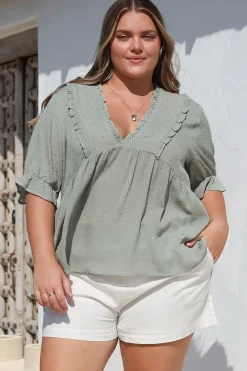 Catha Top - Frill Neckline Empire Bustline Top with Short Balloon Sleeves in Sage><noscript><img width=