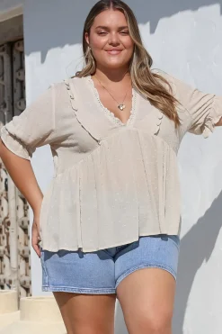 Catha Top - Frill Neckline Empire Bustline Top with Short Balloon Sleeves in Beige><noscript><img width=