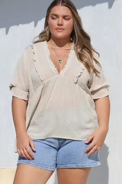 Catha Top - Frill Neckline Empire Bustline Top with Short Balloon Sleeves in Beige><noscript><img width=