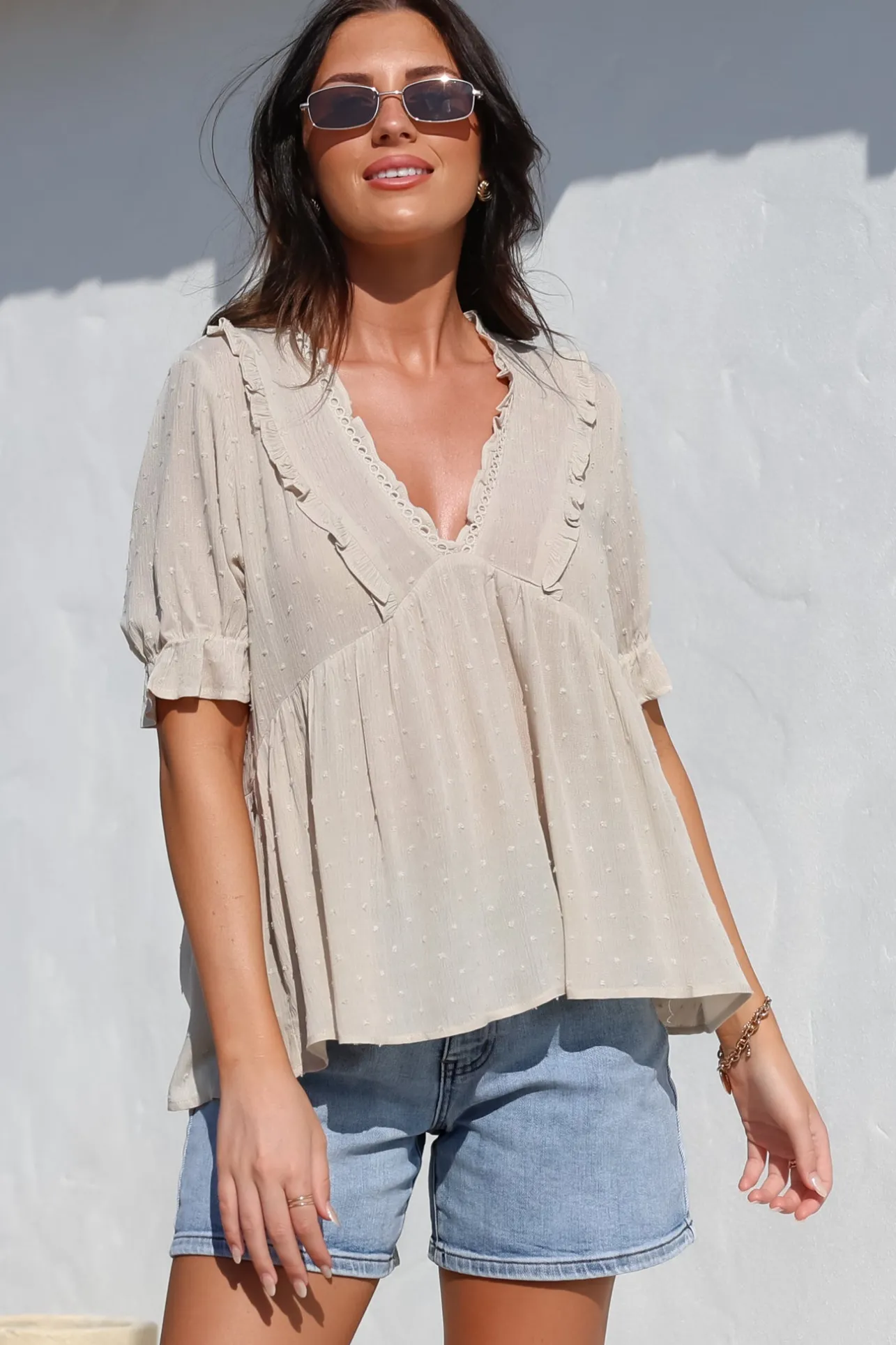 Catha Top - Frill Neckline Empire Bustline Top with Short Balloon Sleeves in Beige>Salty Crush