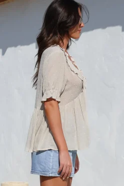 Catha Top - Frill Neckline Empire Bustline Top with Short Balloon Sleeves in Beige><noscript><img width=