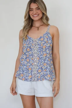 Caty Top - Adjustable Strap Buttoned Down Cami in Keani Print>Salty Crush New