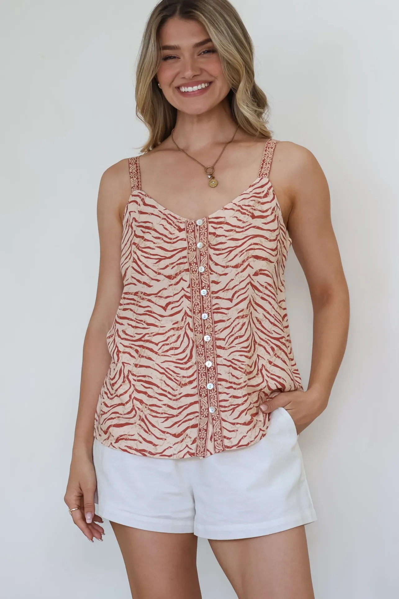 Caty Top - Adjustable Strap Buttoned Down Cami in Chiara Print>Salty Crush Best