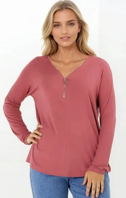 Cecile Top - Zipper Detail V Neck Top in Guava>Salty Crush Outlet