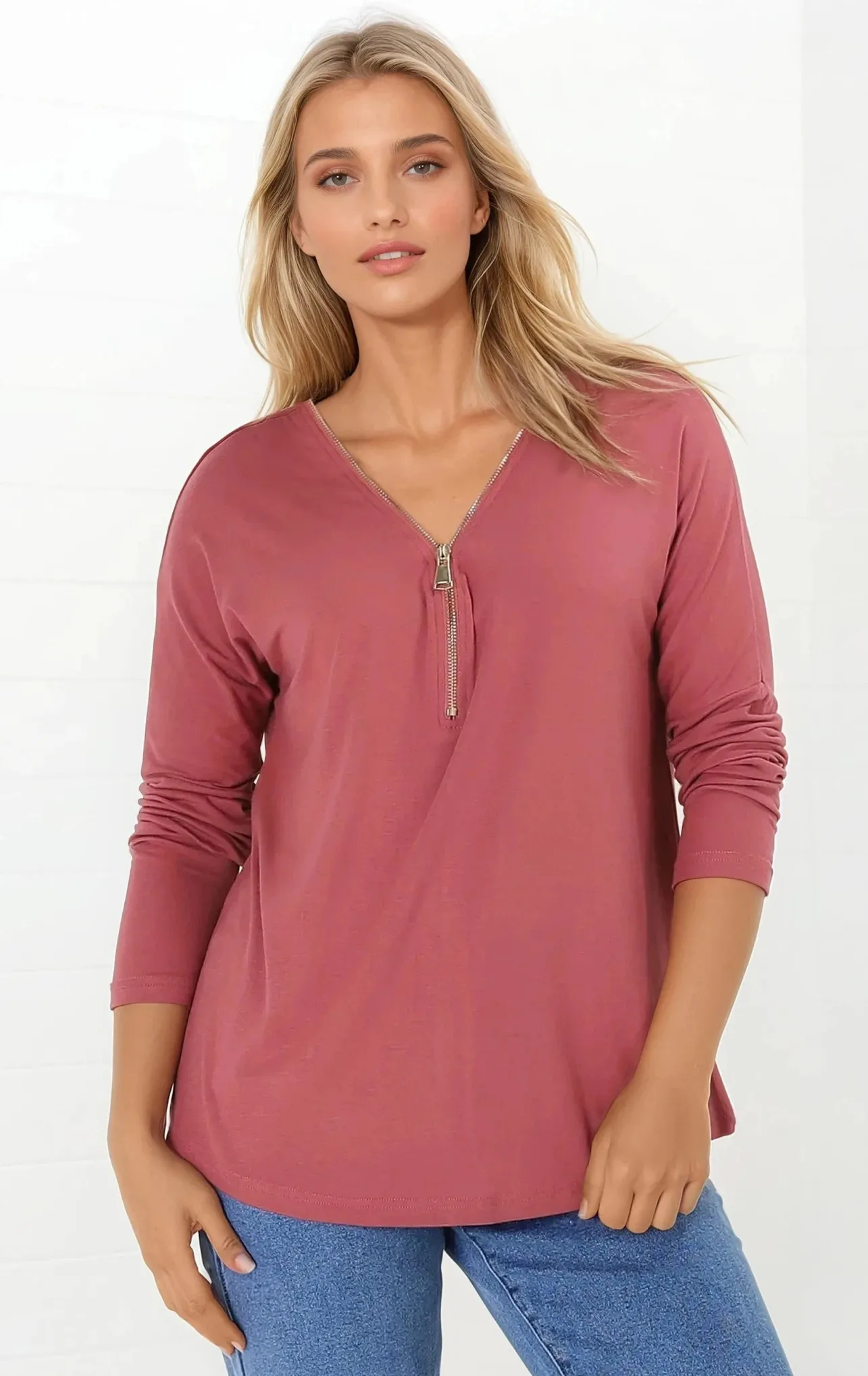 Cecile Top - Zipper Detail V Neck Top in Guava>Salty Crush Outlet