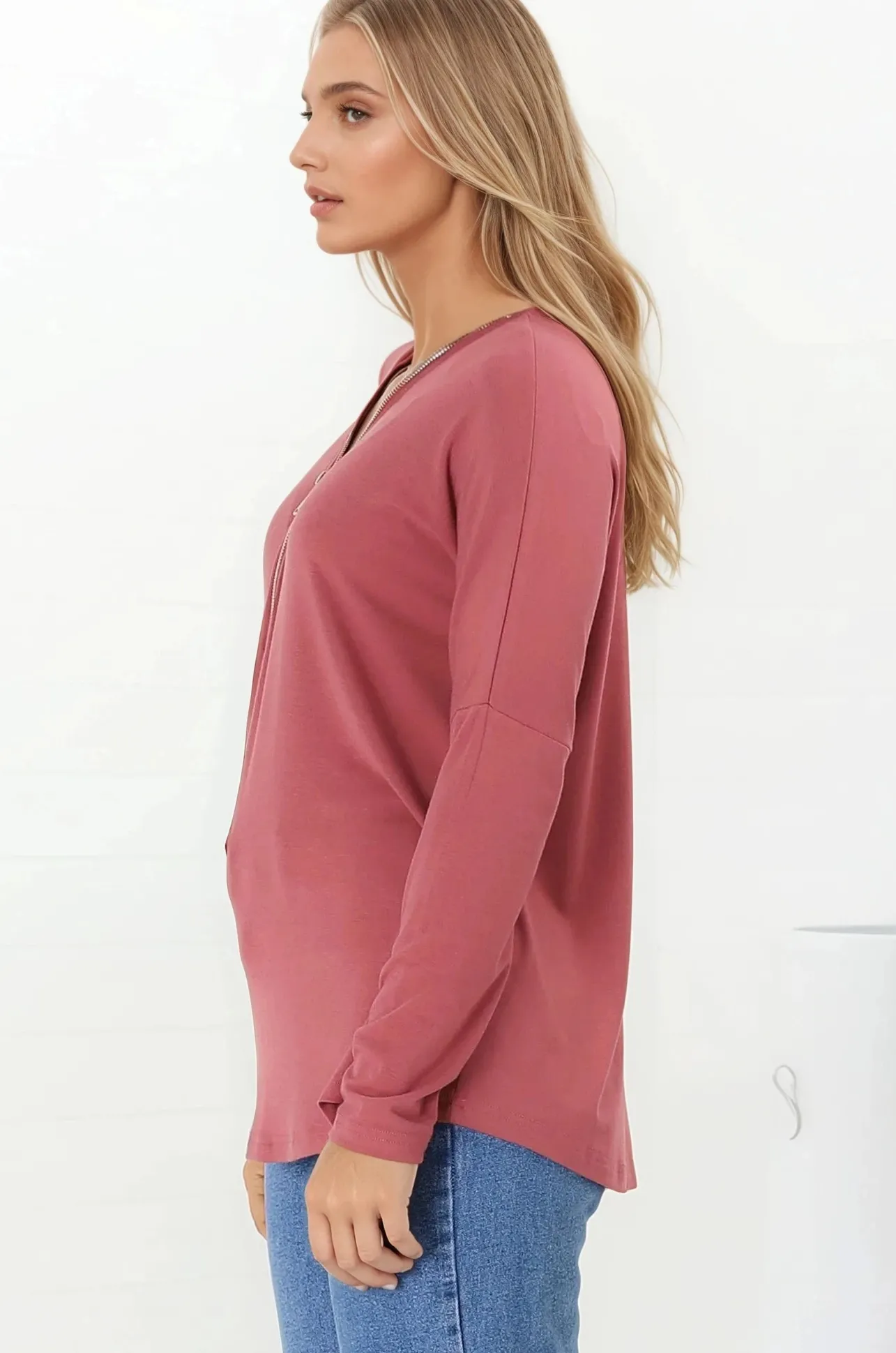 Cecile Top - Zipper Detail V Neck Top in Guava>Salty Crush Outlet