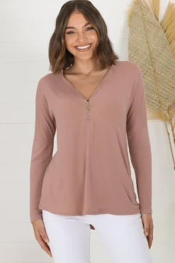 Cecile Top - Zipper Detail V Neck Top in Pink>Salty Crush Online