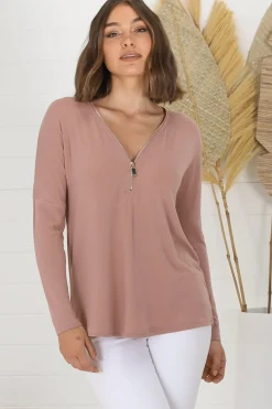 Cecile Top - Zipper Detail V Neck Top in Pink><noscript><img width=