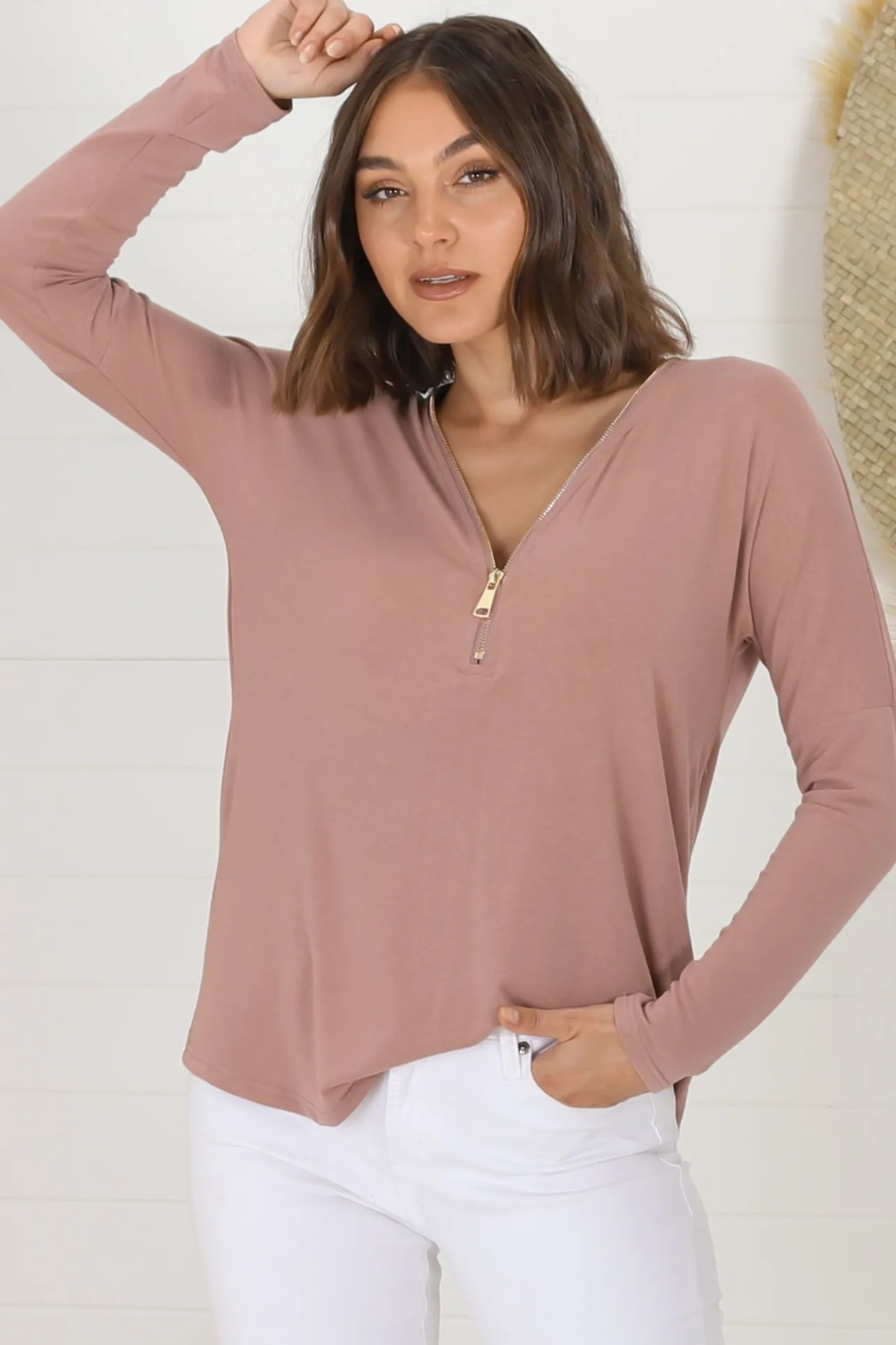 Cecile Top - Zipper Detail V Neck Top in Pink>Salty Crush Online