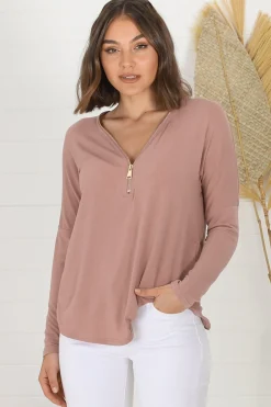 Cecile Top - Zipper Detail V Neck Top in Pink><noscript><img width=