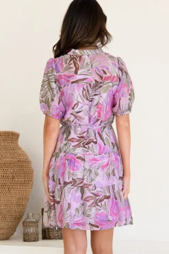 Cecilia Mini Dress - Mandarin Collar Shirt Dress with String Belt in Thalita Print Pink><noscript><img width=