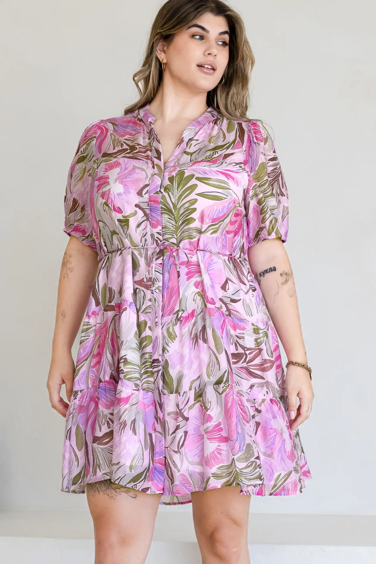 Cecilia Mini Dress - Mandarin Collar Shirt Dress with String Belt in Thalita Print Pink>Salty Crush Discount