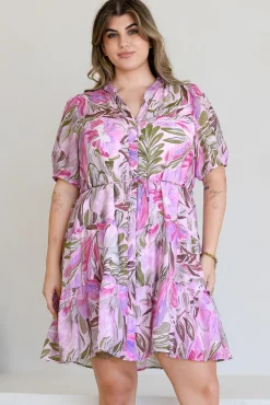Cecilia Mini Dress - Mandarin Collar Shirt Dress with String Belt in Thalita Print Pink><noscript><img width=