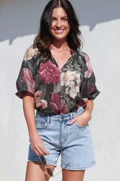 Cecilia Top - Mandarin Collar Button-Down with Half Balloon Sleeves in Annalisa Print>Salty Crush Sale