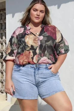 Cecilia Top - Mandarin Collar Button-Down with Half Balloon Sleeves in Annalisa Print>Salty Crush Sale
