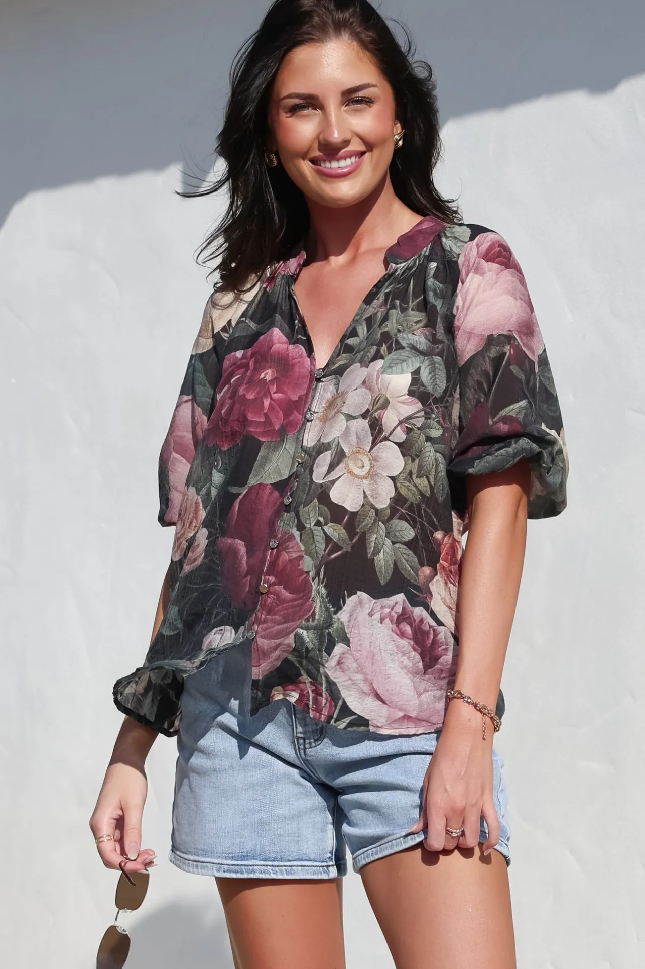 Cecilia Top - Mandarin Collar Button-Down with Half Balloon Sleeves in Annalisa Print>Salty Crush Sale