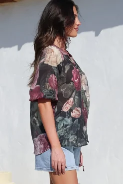Cecilia Top - Mandarin Collar Button-Down with Half Balloon Sleeves in Annalisa Print><noscript><img width=