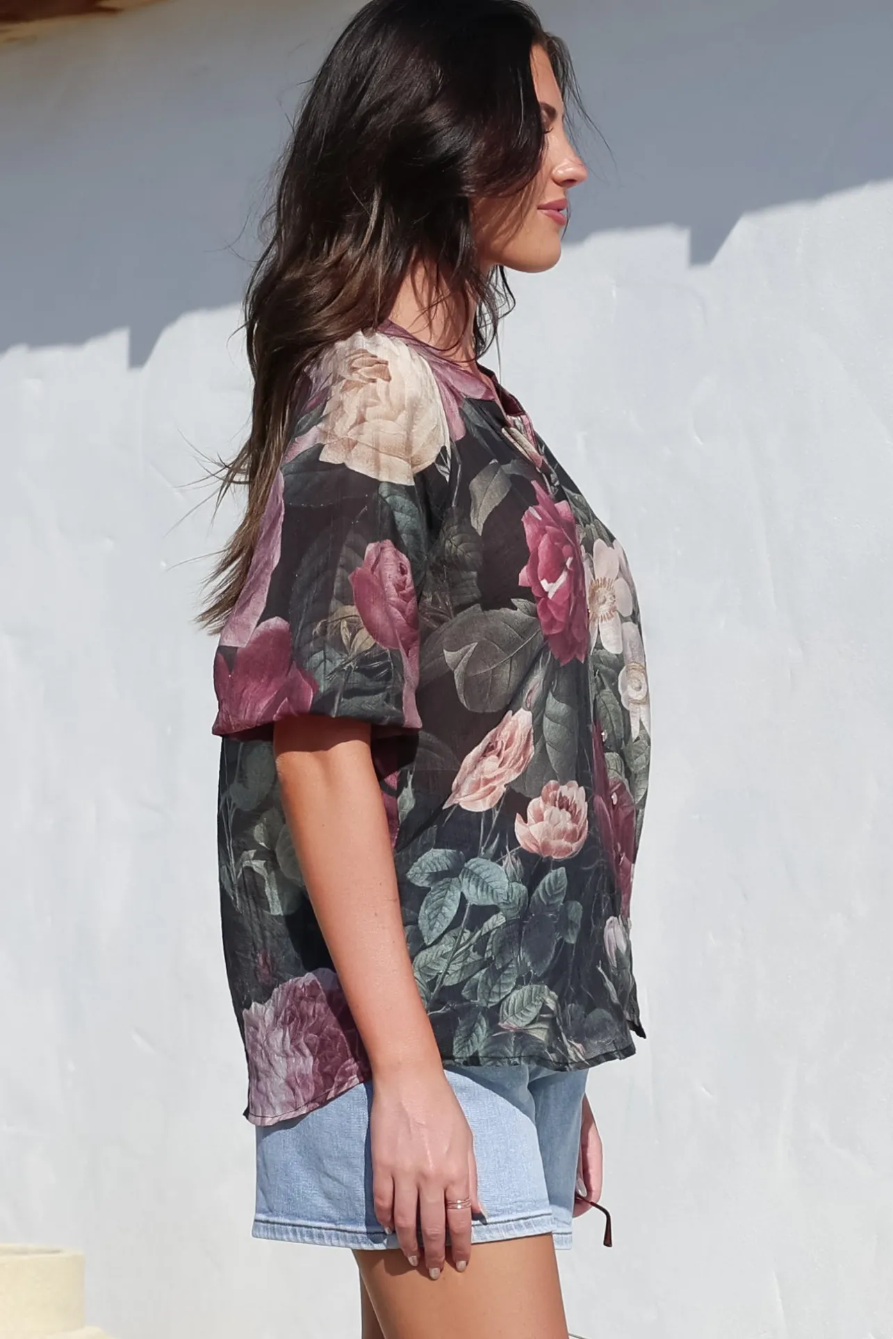 Cecilia Top - Mandarin Collar Button-Down with Half Balloon Sleeves in Annalisa Print>Salty Crush Sale