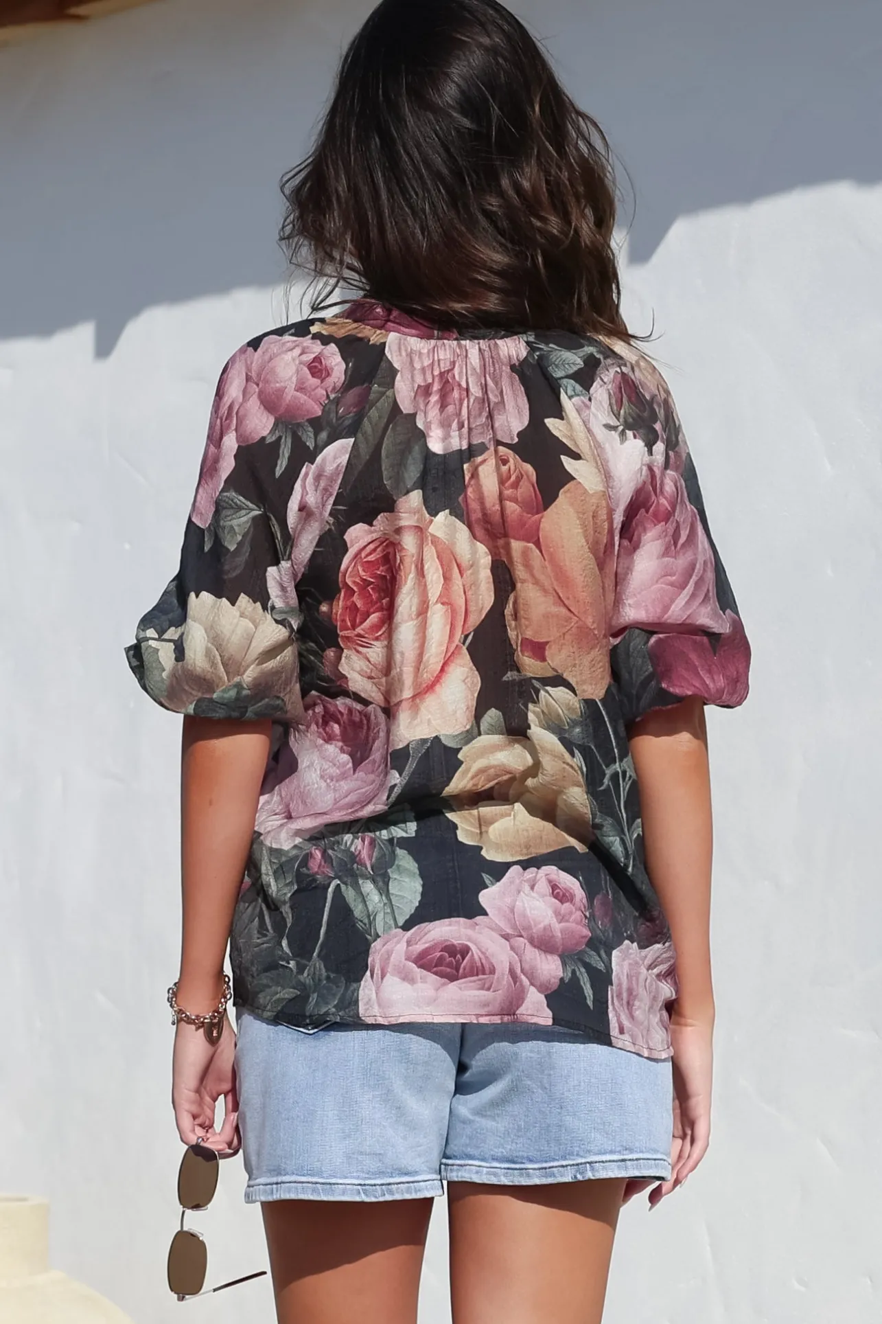 Cecilia Top - Mandarin Collar Button-Down with Half Balloon Sleeves in Annalisa Print>Salty Crush Sale